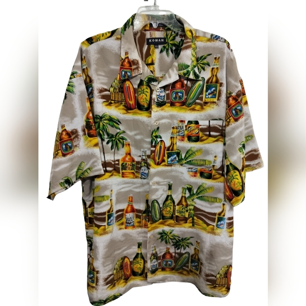M373) KOMAN Sport Multicolor Beer Palm tree Print Button up Hawaiian Shirt XXL